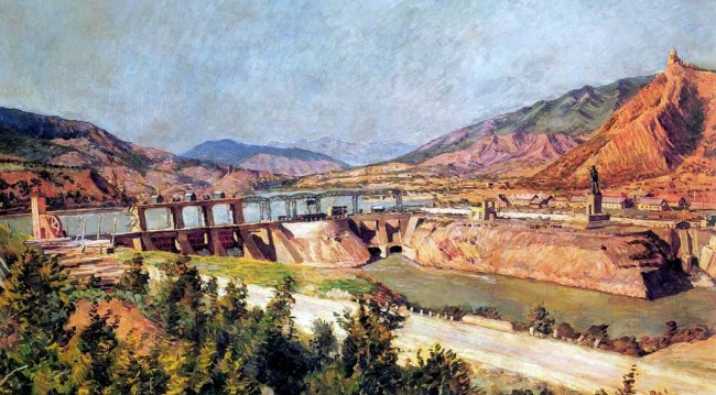 Сочинение по картине: Машков - "ЗАГЭС. Плотина на реке Куре и шоссе Военно-Грузинской дороги"